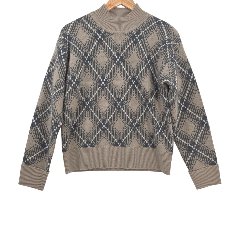 Oats Cashmere Womens XS Oversized Taupe Gray Plaid Cashmere Mock Neck Sweater